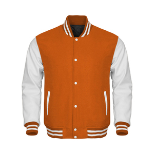 Men's Orange White Varsity Jacket Regular Fit Crew Neck <b>Covered</b> <b>Button</b> Solid Color Streetwear Winter Wear Cotton Blend Wool - Product Image 1