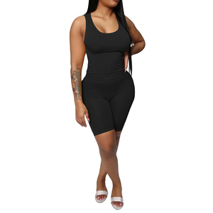 Women's Backless <b>Square</b> Collar Sleeveless Solid Color Knitted Spandex/Nylon 2-Piece Shorts <b>Set</b> Regular Fit Sporty Summer Wear - Product Image 2