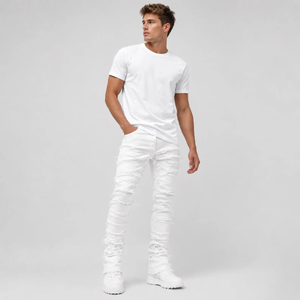 Pantalones Vaqueros Blancos Desgastados para Hombre, Corte Ajustado, Cintura Media, Casuales, de Mezclilla de Algodón - Product Image 1