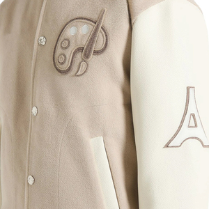Custom Beige Wool Varsity Jacket Men Custom Embroidery Letterman Jacket Contrast Sleeves <b>Button</b> Up Winter Fashion Streetwear - Product Image 4