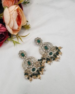 Wholesale Designer Antique <b>Gold</b> Plated Oval Cut Stone and Bead <b>Dangle</b> <b>Earrings</b> Party Wear & Fashion Jewelry For Women Collection - Product Image 3