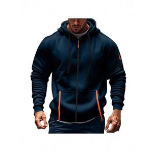 Sweat-shirt à capuche zippé bleu marine pour homme, coupe classique, couleur unie, avec accents orange, vêtements de sport décontractés, style automne - Product Image 1