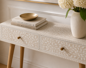 Table console moderne en os incrusté, avec deux tiroirs, table d'entrée, table de canapé, bureau d'appoint à structure en bois pour salon et hôtel - Product Image 4