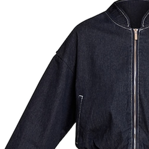 Blouson bomber en jean indigo à ourlet bouffant, coupe courte, surpiqûres contrastantes blanches, fermeture éclair frontale, taille élastique, coupe décontractée, printemps, unisexe - Product Image 3