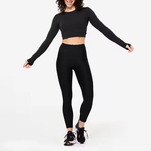 Meilleure Vente – Haut Court Femme Noir à Manches Longues, Col Rond, Dos Creux, Tricoté, Coupe Sportive, Spandex Polyester, Couleur Unie, Logo Personnalisé, OEM - Product Image 6