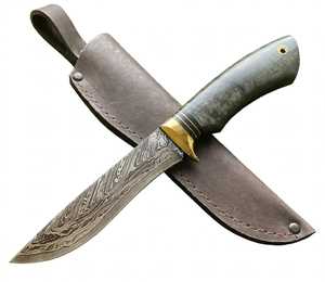 Cuchillo utilitario de exterior de acero de Damasco hecho a mano y personalizado con mango de cuerno y refuerzo de latón, compatible con OEM - Product Image 2