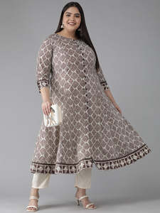 <b>Women's</b> Plus Size Brown Cotton Geometrical Printed Anarkali Kurti With Round Neck And Elegant Sleeves Comfortable Wear - Product Image 4