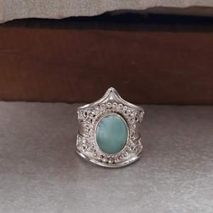 Handmade 925 Sterling Silver <b>Gold</b> Plated Natural Larimar Bezel <b>Set</b> Cabochon Christian Statement <b>Ring</b> Vintage Boho Gemstone - Product Image 1