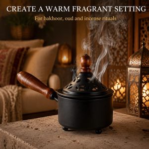 Bol de brûleur en fonte avec couvercle amovible et poignée en bois |   Brûleur d'encens au charbon ventilé anti-odeur |   Modèle de magasin en laiton impérial - Product Image 6