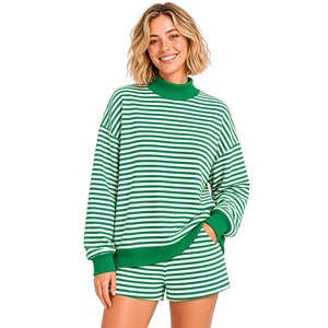 Ensemble décontracté deux pièces pour femme : sweat-shirt rayé à manches longues et short assorti coupe décontractée, col montant, design pull-over, tendance au quotidien - Product Image 4