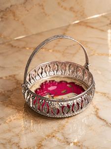 Royal Kamdhenu Art German Silver Gift <b>Basket</b> <b>Tray</b> With Handle Handmade Iron Decorative Hamper <b>Tray</b> Luxury Festival Serving <b>Tray</b> - Product Image 5