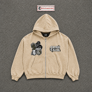 เสื้อฮู้ดซิปผู้ชายทรงโอเวอร์ไซส์ สีเบจ แบรนด์ Cash Talk ดีไซน์พิมพ์ลายด้านหน้า ทรงปกติ ใส่ได้ในฤดูใบไม้ร่วง รุ่น Custom FA - Product Image 5