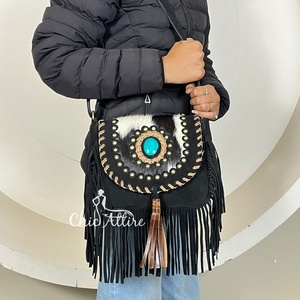 Bolso Bandolera de Cuero Vacuno Estilo Western con Flecos y Concho Turquesa, Bolso de Hombro de Cuero Genuino Estilo Boho para Mujer - Product Image 1