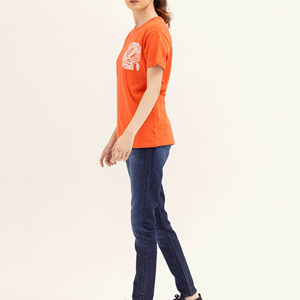 T-shirt à manches courtes pour femme, col rond, orange, avec impression de logo blanc, décontracté, printemps-été, 100% coton, coupe classique - Product Image 1