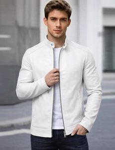 เสื้อแจ็คเก็ตบอมเบอร์หนัง PU ทรงเข้ารูปสำหรับผู้ชาย คอตั้ง ปิดด้วยซิป สีขาวล้วน ความยาวปกติ เหมาะสำหรับใส่ในฤดูใบไม้ร่วง - Product Image 5