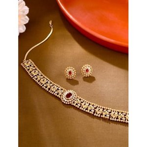 Joyería Tradicional India para Templo, Collar Chapado en Oro con Diseño Floral y Aretes con Circonitas para Novias y Bodas - Product Image 4