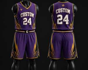 Ensemble Maillot et Short de Basketball Personnalisé Violet, Noir et Jaune – Tenue de Sport Professionnelle Respirante Sublimée pour Équipe - Product Image 1