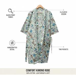 Peignoir kimono gris à fleurs en coton pour femme, manches longues, léger, avec ceinture, idéal pour la détente et le spa - Product Image 6