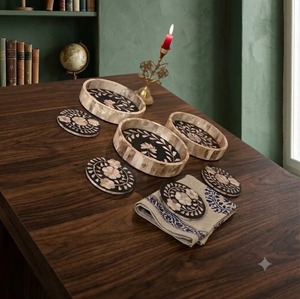 <b>Round</b> Resin Decorative <b>Tray</b> Set Bone Inlay Mother of Pearl Pattern Serving Platter <b>Table</b> Decor With Box - Product Image 1
