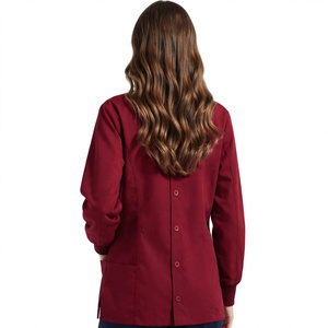 Women's <b>Maroon</b> Long Sleeve Scrub <b>Top</b> With Front Buttons And Pockets Hospital Uniforms Woven Cotton Polyester - Product Image 2