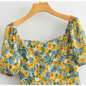 Summer New Elegant Slim Floral Print <b>A</b>-<b>Line</b> Midi <b>Dress</b> Casual with Sweetheart Neck <b>Pattern</b> Decoration Side Slit Lantern Sleeves - Product Image 4