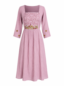 ชุดเดรส Anarkali สีชมพูปักลายดอกไม้ แขนยาว ผ้าทอมือ  แบบยาว - Product Image 3
