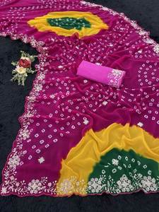 Elegante Saree de Georgette Estampado con Exquisito Bordado y Blusa de Seda Mono de Diseñador con Bordado Intenso - Product Image 6