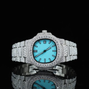Montre carrée unisexe de luxe en acier inoxydable sertie de diamants, cadran bleu, affichage de la date, mouvement mécanique analogique, haute qualité - Product Image 1
