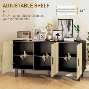 Credenza Boho Nera e Naturale con 3 Ante in Rattan, Ripiani Regolabili, Buffet per Sala da Pranzo - Product Image 6