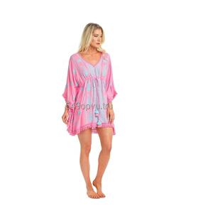 เสื้อคาฟตันสีชมพูลายเอกลักษณ์คลาสสิกพร้อมเชือกผูกเอวแต่งพู่ปักเลื่อมด้วยผ้าเรยอนผ้าคลุมชายหาดรีสอร์ทประดับลูกไม้สไตล์โบฮีเมียน - Product Image 1