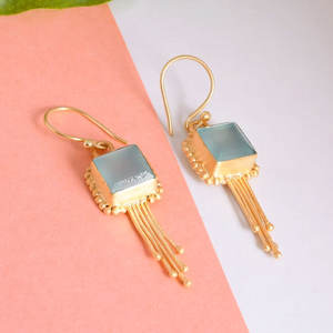 ต่างหูทรงหยดน้ำวินเทจประดับแคลซิโดนีสีน้ำเงินทรงสี่เหลี่ยมทำจากทองเหลืองชุบเงินสำหรับงานปาร์ตี้ - Product Image 4