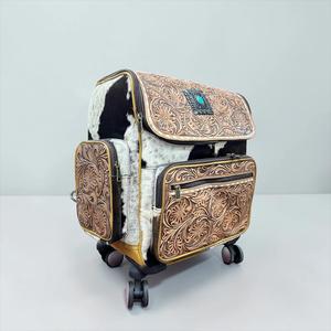 Ensemble de bagages et de porte-documents en cuir artisanal de haute qualité, sacs à roulettes floraux de style western avec valise de voyage vintage en cuir de vachette - Product Image 2
