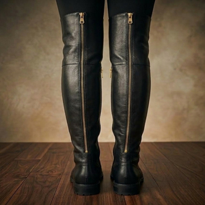 Botas de cuero genuino hasta la rodilla para motocross y trial, estilo gótico de combate con cordones, color negro. - Product Image 2