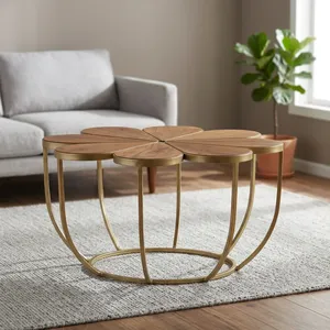 Table basse en forme de fleur, design moderne, plateau en bois de manguier et structure en métal doré, mobilier contemporain pour salon - Product Image 5