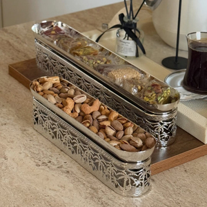 Modern <b>Metal</b> Serving Canisters Bowl Features Sleek Silver Long Oval Pans With Etched Detailing, Ideal For Hotel Buffet Display - Product Image 6
