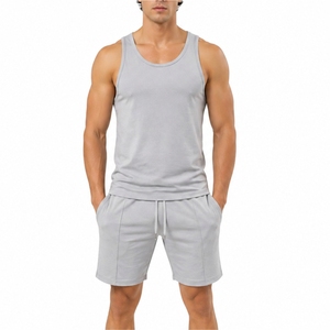 Men Two Piece <b>Set</b> Sleeveless Tank Top And Shorts Solid Color Casual Summer Wear Breathable <b>Knitted</b> Cotton Gym Outfit <b>Set</b> - Product Image 1