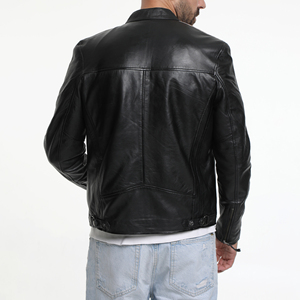 Men'<b>s</b> Black PU Leather Moto <b>Jacket</b> With Brown Stripes Stand Collar Zipper Closure Regular Fit Winter Style - Product Image 3
