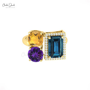 Anillo de Topacio Azul Londres, Citrino y Amatista con Corte Octogonal de 10x7mm, en Oro Sólido de 14k con Diamantes, Diseño Art Deco, Gran Venta - Product Image 4
