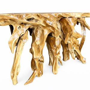 Table console en racine de teck massif, style rustique naturel, best-seller, table d'entrée en racine de teck Dhifa, forme exotique, pour hall d'hôtel de luxe - Product Image 1