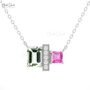 Collier artisanal en or pur 14 carats avec émeraude verte de 4 mm, améthyste et saphir rose, serti de diamants pavés - Product Image 5