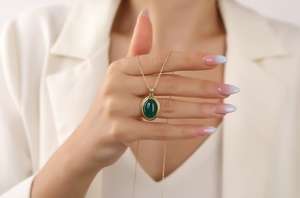 Collier ovale en agate verte, pierre précieuse, argent sterling 925, plaqué or 14 carats, pendentif certifié IGI, bijou cadeau pour enfants - Product Image 3