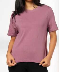 T-shirt décontracté à manches courtes et col rond en tricot uni mauve pour femme, coupe classique, haut basique - Product Image 2