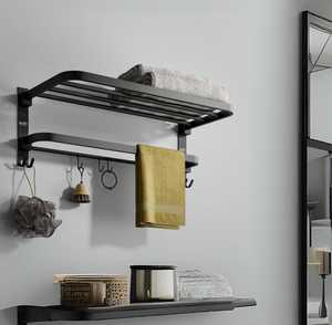Black Metal Wall <b>Shelf</b> Towel Rack Hook Storage <b>Shelf</b> Bathroom <b>Organizer</b> Modern Wall Mounted - Product Image 1