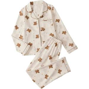 Women's Polyester/Cotton <b>Knitted</b> Nightgown Set Long Sleeve Turtleneck Button Front Printed Feather <b>Pattern</b> Full Length - Product Image 1