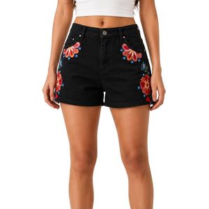 Shorts en jean noir à imprimé floral pour femme, taille haute, décontractés, d'été, personnalisables, brodés, fabricant OEM de mode - Product Image 1