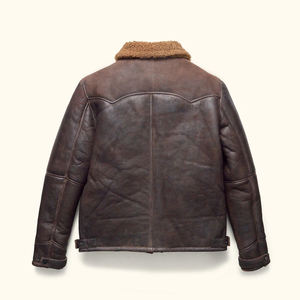 Men Beige Shearling Collar <b>Leather</b> Jacket Winter Warm Snap Button Genuine <b>Leather</b> Workwear <b>Coat</b> OEM Wholesale - Product Image 3