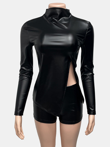 Fashion Custom Logo Summer 2 Piece <b>Pants</b> Set PU Leather Clubwear Bodycon Women Short Sleeve Crop Top Outfits Shorts Sets Women - Product Image 4