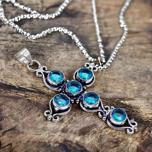 Vintage <b>Silver</b> Filigree Religious Jewelry Great for Swiss Blue Topaz <b>Cross</b> <b>Pendant</b> Bezel Spiritual Antique Blue Gemstone for - Product Image 3