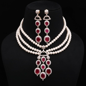 Pearl Ruby <b>Necklace</b> Set 18K White Gold Plated Brass Elegant Bridal Jewelry Wedding Gift For Her Wedding Jewellery - Product Image 1