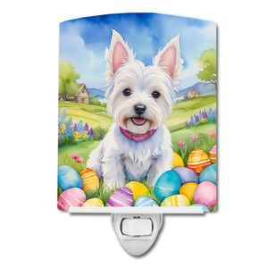 Westie Easter Egg Hunt Luz de noche de cerámica con certificación UL Multicolor 6x4x3 para dormitorio, baño, guardería, pasillo o cocina - Product Image 1